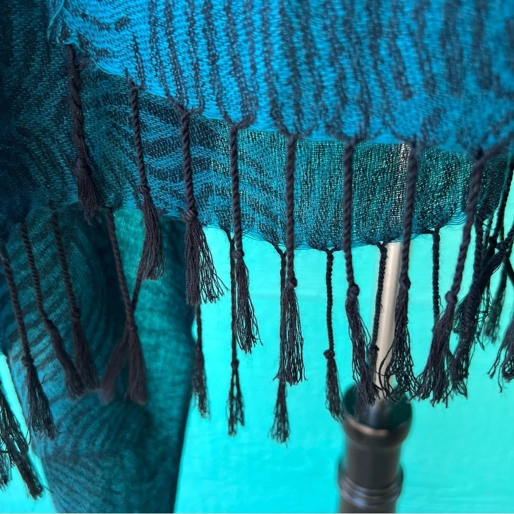 100% CASHMERE DARK TEAL BLUE AND BLACK ZEBRA PRINT LARGE FRINGE SCARF BELT WRAP